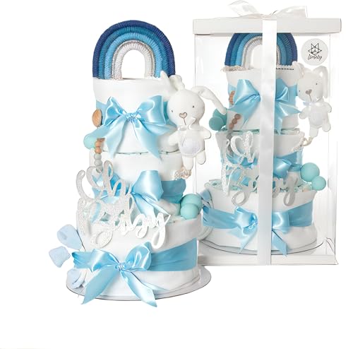 limely© Windeltorte, Pinkelparty Geschenk, Geschenk zur Geburt, Geschenk für Neugeborene, Babyparty, Windeltorte für Jungen, Windeltorte für Mädchen, Windeltorte Neutral, 3-stöckig (Babyblau)