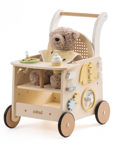 ROBUD Holz lauflernhilfe Baby Walker, 2-In-1 Puppe Lauflernwagen mit Montessori Busy Activity Board für Motorik, Sicherheitsbremse Spielzeug Laufwagen, Geschenk für Kleinekinder ab 10 Monate+