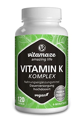 Vitamin K Komplex hochdosiert & vegan, K1 1.000 mcg + K2 Menaquinon (1.000 mcg MK4 + 200 mcg MK7), 120 Kapseln für 4 Monate, beste Bioverfügbarkeit, Made in Germany