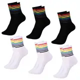 YANSYUN 6 Paar Regenbogen Socken, Herren Tennissocken, Pride Socken, Bunte Gestreifte Regenbogen Muster Socken Weiß Schwarz LGBTQ Stolz Sportsocken Crew Socken Retro Socken für Herren und Damen