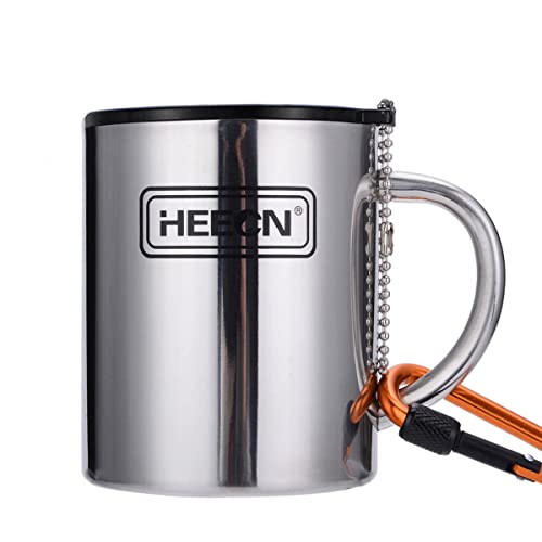 HEECN® Camping Becher Mit Deckel und Karabiner - Edelstahl Tasse - Thermo - Kaffeebecher - Doppelwandige Isolierbecher BPA-frei HESS-038BBK (330 ml mit versiegeltem Trinkdeckel)