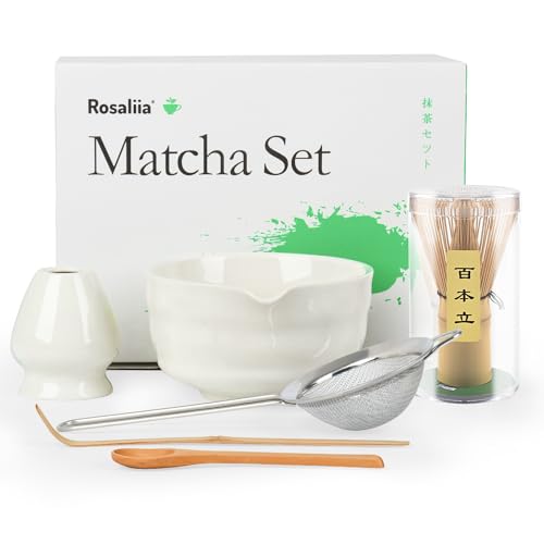 Japanisches Matcha-Set, Matcha-Schale mit Ausguss, Matcha-Schneebesen und Ständer, Bambus-Matcha-Löffel und Edelstahlsieb – 17 oz Keramik-Matcha-Set (weiß)