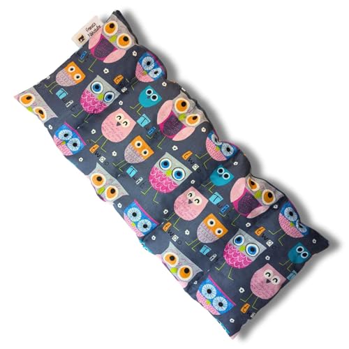 Franzis Nähstube 50x20cm Dinkelkissen Eule grau in 100% Baumwolle I Körnerkissen Dinkel 50x20 für Mikrowelle I Wärmekissen, Dinkelkernkissen, Nackenwä