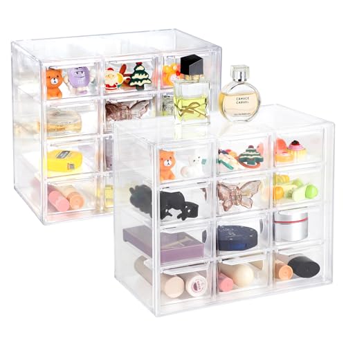 Supaway 2Pcs Acryl Desktop Aufbewahrung Mini Organizer mit 12 Schubladen Klare Desktop Handwerk Schublade Schrank Stapelbare Desktop Aufbewahrungsbox für Kosmetik Schmuck Schreibwaren (18x10x15.5cm)