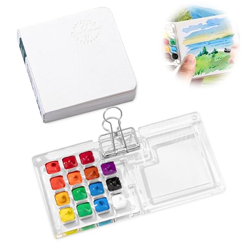 Tragbare Skizzenbuch Palette Set, 15 Grids Mini Acryl Reise Malpalette Malkasten Acrylfarben Pocketartist Travel Set mit Aquarellpapier Journal und Clip