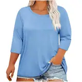 Keepink Damen Tops Übergröße Damen 3/4 Ärmel T-Shirt Einfarbig Sommer Tees Rundhals Oversized T-Shirts Klassisch Casual Loose Fit Bluse Langes Top zum Tragen mit Leggings, 1 hellblau, XL