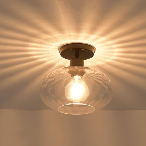 Pageone Modern Glas Deckenlampe für Flur, Schwarz Badezimmer Deckenleuchte E27 1-Flammig Bad lampe mit Klar Glas Lampeschirme für Korridor Kleine Zimmer Kitchen Ø25cm (Ohne Glühbirne)