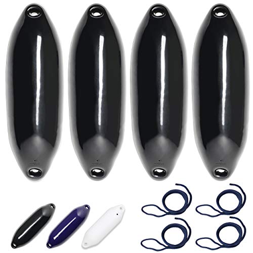 HonuNautic 4er Set Fender incl. Fenderleinen | U-Serie | Farbe: Schwarz | Größe: Ø 10 x L 33 cm | Boot & Yacht Stegfender, Langfender