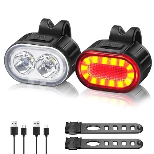 Oderra Fahrradlicht, LED, leistungsstark, wiederaufladbar, USB, Starke Akkulaufzeit, mit Blink- oder Dauermodus, wasserdicht IPX4, Fahrradlicht, Vorder- und Rücklicht für Mountainbikes, Schwarz, 1