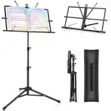 New bee Notenständer Klappbar Stabil 2 in 1 Doppelnutzung Notenständer Gitarre Höhenverstellbar Notenpult mit Tragetasche Music Stand für Kinder und Erwachsene