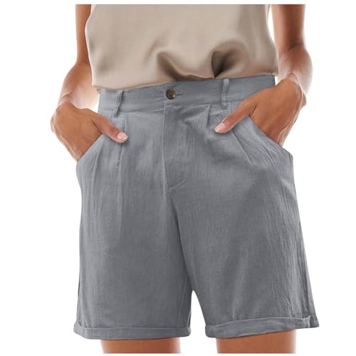 Shorts mit weitem Bein für Damen, elastisches Leinen, elastische Taille, elegant, geriffelt, florale Latzhose, Kletter-Chino-Shorts, grau, L