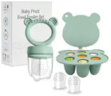 Baby Fruit Food Feeder & Mini Freezer Nibble Tray Combo, Breastmilk Popsicle Molds for Baby Cooling Relief, BPA Free Silicone Feeder for Safe Infant Self Feeding, 4 Month+ (Green)