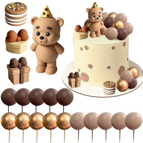 Tortendeko Bär, 19 PCS Tortendeko Teddybär, Torten Topper Brauner Bär, Braune Kugeln Kuchentopper, Boho Bären Kuchendekoratio, für Jubiläumsfeiern, Geschlecht Enthüllen Kuchen Dekoration (Dunkel)