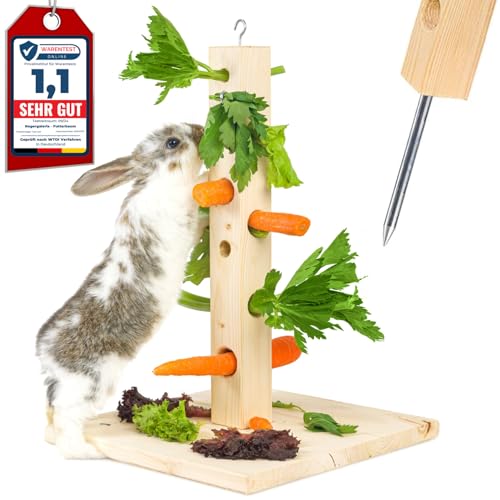 Nagergaleria® Futterbaum Kaninchen Meerschweinchen mit Bodenplatte aus Holz und Erdspieß fürs Freigehege Hasen | Kaninchen Zubehör