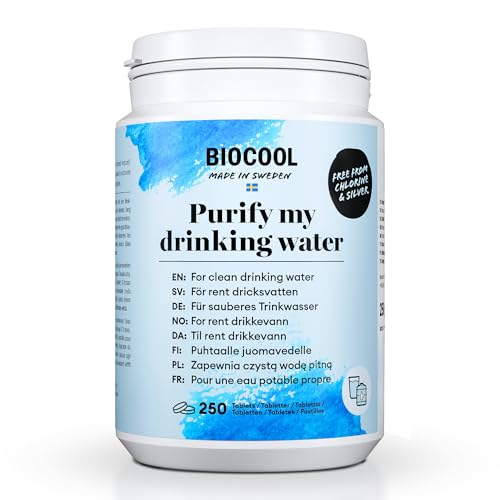 Biocool Wasserreinigungstabletten | 250 Tabs für sauberes Trinkwasser im Wohnwagen, beim Camping, Wandern und in Notfällen – Behandelt bis zu 1.250 Liter
