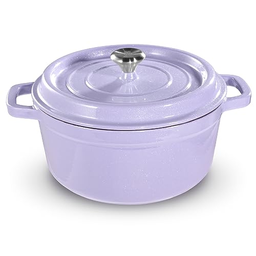 Dutch Oven Topf mit Deckel, emailliertes Gusseisen beschichtet, Dutch Oven 6QT tiefer runder Ofen, antihaftbeschichtete Pfanne mit Doppelgriff zum Schmoren, Brotbacken, Braten, Herd - Lila