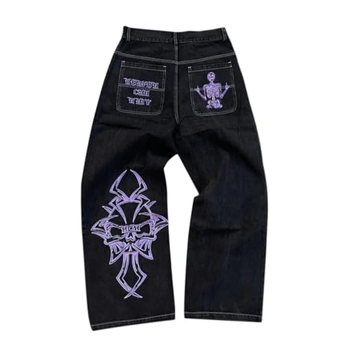 ORANDESIGNE Y2k Jeans Herren Hip Hop Retro Schädel Stickerei Gewaschen Baggy Denim Hose Lässig Lose Weites Bein Hose Streetwear A Violett L