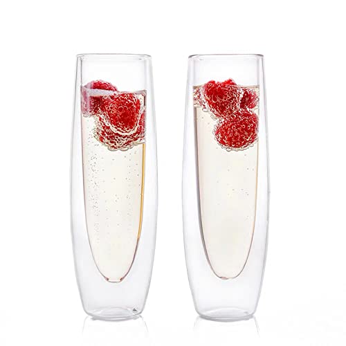 RXMORI Doppelwandige Champagnerflöte, Set aus 2 Champagnergläsern ohne Stiel, 150 Ml Champagnergläser für Catering, Hochzeiten, Partys, Bars, Familientreffen(Transparent)