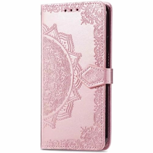 Rnrieyta Miagon für Honor Magic 4 Lite 5G Hülle,Rose Gold Mandala Blume Prägung PU Leder Flip Cover Schutzhülle Brieftasche mit Kreditkartenhaltern