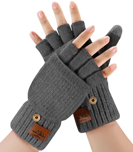 Fingerlose Handschuhe Herren und Damen - Halbfingerhandschuhe mit Kappe,Winter Flip Handschuhe mit Berührung,Fäustlinge Handschuhe mit Alpakawolle,Winterhandschuhe für Damen Herren