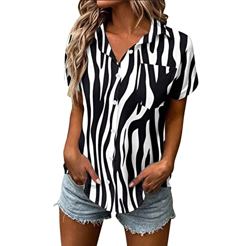 CGGMVCG Weißes Hemd mit Knopfleiste für Damen, Frühling, Sommer, Zebra, Kurzarm, V-Ausschnitt, Shirt, Top, Damenblusen und Tops, elegant, Schwarz, Groß