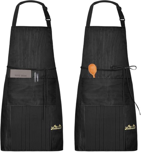 Viedouce 2 Pack Schürze,Wasserdicht Kochschürze mit Taschen,Verstellbarem Küchenschürze,Grillschürze,Küchenschürze (Streifen schwarz)
