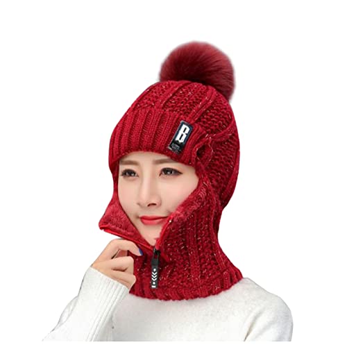 JUST Beanie Women's Winter Hat Warm Loop Scarf and Knitted Hat Set Knitted Scarf Windproof Skull Cap with Fleece Lining for Outdoor Sports Pullover Windproof Ear Flaps (One-size,sWein),Einheitsgröße