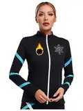 Runhomal Damen Eiskunstlauf Jacke Glitzer Mit Strass Langarm Fleece-gefütterte Sportjacke Slim Fit Eislauf Oberteile Thermojacke Top Blau Grün M