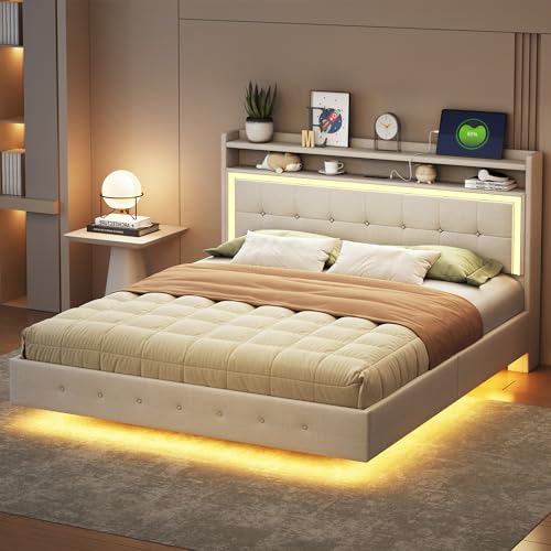 okwish Polsterbett Doppelbett 160 x 200 cm mit USB-Ladeanschluss und LED-Beleuchtung, Funktionelles Stauraumbett mit Kopfteil mit Stauraum(Ohne Matratze)- Beige