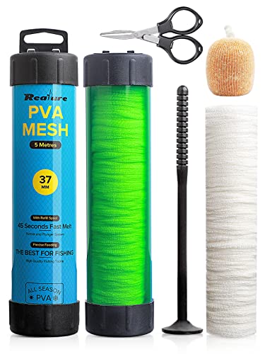 Realure 5M Pva Netz Angeln Set mit Schere, 18mm 25mm 37mm 44mm Breit Pva Mesh Karpfen Zubehör mit Trichter & Stößel System, Schnelles Schmelzen Pva Beutel Angeln PVA Bags für Boilie Köder Futter