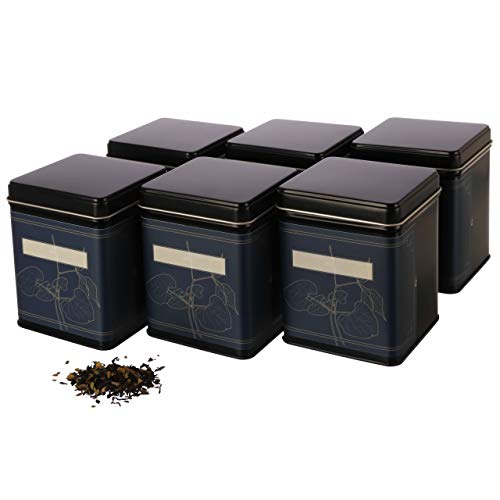 Dosenritter | 6x klassische eckige Teedose, stapelbar, aromadicht aus Metall für je 140g Earl Grey, inkl. 6 florale-Etiketten | 9.8x7.6x7.6 cm (H,B,T) auch ideal als Mehl-, Reis- oder Keksdose