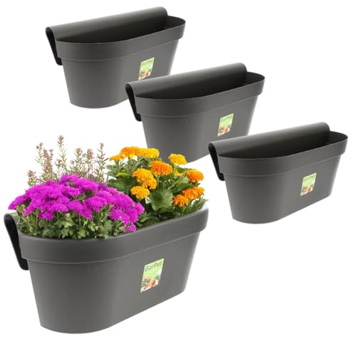 4X Geländerkasten Balkon mit Wasserspeicher Blumentopf Zaun Blumenkasten Geländer Balkontopf Balkonkasten Anthrazit 49 x 21 x 23 (H) cm Außenbereich