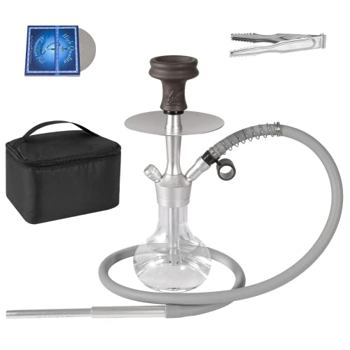 Ryosee 35cm Shisha Klein Shisha Mini Shisha to go mit Tragetasche und Premium Shisha Zubehör- Anschlüssen und Schläuchen, Steinkopf mit Silikon Kopfdichtung, Tauchrohr mit Diffusor(silber)