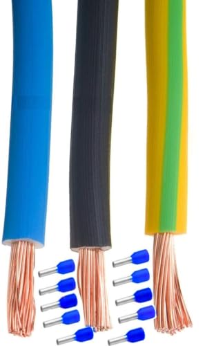 2.5mm2 Verdrahtungsleitung H07V-K 2.5mm² mm Set 3 x 5 Meter Grüngelb, Blau und Schwarz flexibel Fahrzeugleitung mit Aderendhülsen