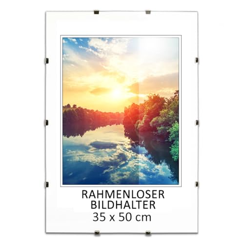 MG Design Rahmenloser Bilderrahmen, B3, 35 x 50 cm - mit Clips, Acrylglas, HDF-Platte - zum vertikalen oder horizontalen Aufhängen/Aufstellen, Cliprahmen für Fotos, Poster, Puzzles