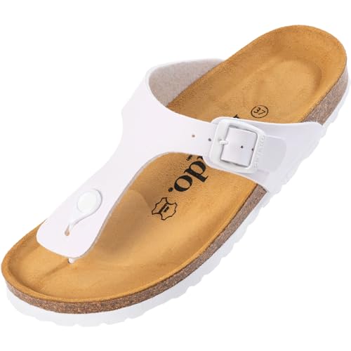 Palado Damen Zehentrenner Kos - Modische Pantoletten mit Kork Fussbett - extra Bequeme Sandalen - Made in Spain - mit Sohle aus Natur Leder - angenehme Sandalen Basic Matt Weiß/Wht 39 EU