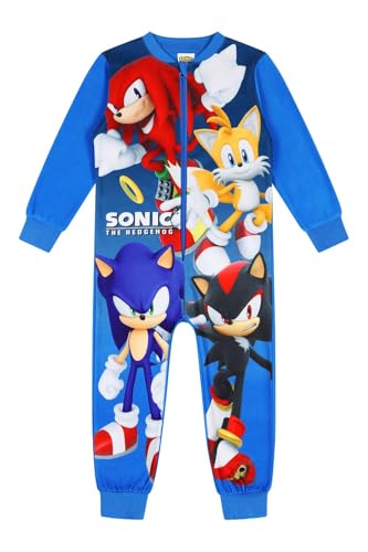 SONIC THE HEDGEHOG Fleece-Schlafanzug für Jungen, Sonic Tails Knuckles Shadow Kinder Einteiler, blau, 8-9 Years