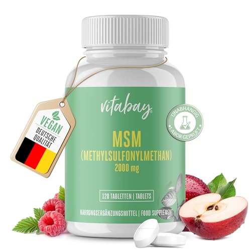 Vitabay MSM Tabletten Hochdosiert - 120 MSM Tabletten Hochdosiert Vegan - Pulver 2000 pro Tagesdosis - Schwefel Gelenkskapseln - Pflanzliche Kapseln 2000