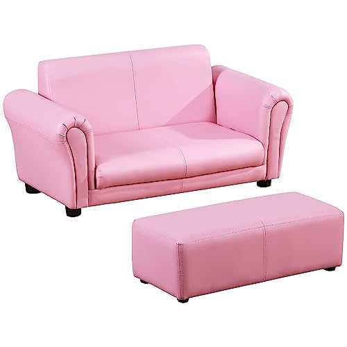 HOMCOM Kindersessel mit Fußhocker, Kindercouch mit Hocker, Kindersofa, Sofa Sessel, Rosa 83 x 42 x 41 cm