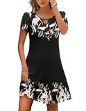 Zeagoo Damen Kleider Sommer Rundhals Blumen Shirtkleid Casual Lässiges Strandkleid Tunikakleid mit Taschen Schwarz XL