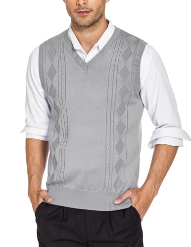 COOFANDY Pullunder Herren Ärmellos V-Neck Strickweste Casual Pullover Vest Einfarbig Pulloverweste für Männer Geschnittener Pullunder mit Argyle Grau L