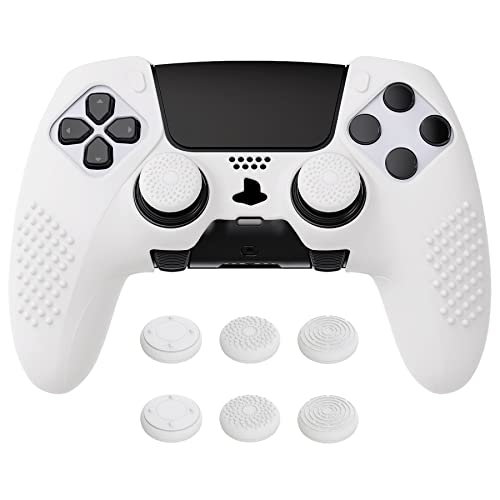 playvital Anti-Rutsche Hülle für ps5 Edge Controller,Case Schutzhülle Hülle Skin aus weichem Gummi mit 6 Stück Stick Kappen für PS5 Edge Wireless Controller(3D Noppen Edition,Weiß)