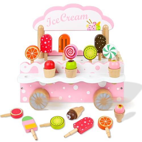 Ulikey Eiscreme Wagen Kinder, 3-in-1 Eis Holzspielzeug, Eisdiele Kinder Holz mit Aufbewahrung, Eisständer Kaufladen Rollenspiel, Kinderküche Montessori Frühes Lernen Spielzeug Geschenke für Mädchen