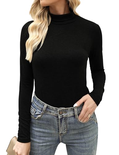 Aottori Rollkragenshirt Damen Langarm Langarmshirt Baumwolle Oberteile Rollkragen Elegant T-Shirt Dünn Eng Tops Slim Fit Stretch für Herbst Winter Schwarz M