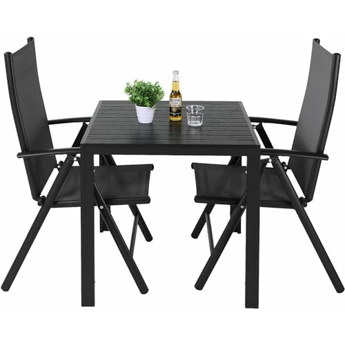 LIFERUN 3-Teiliges Gartenmöbel Set, Aluminium Balkonmöbel Set, 2er Verstellbare Hochlehner Klappstühle + 1 WPC Quadratisch Tisch, Essgruppe Sitzgruppe Outdoor, Wetterfest, Schwarz