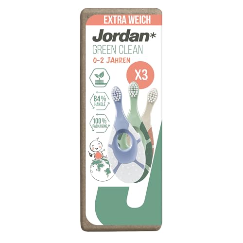 Jordan ® | Step 1 Green Clean | Nachhaltige Babyzahnbürste für das Alter von 0-2 Jahren | Extra weiche Borsten auf Biobasis, 84% recycelter Griff, weicher Beißring | 3er-Pack