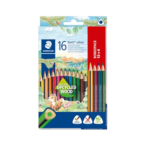 STAEDTLER Buntstifte Noris Colour, erhöhte Bruchfestigkeit, Dreikantform, attraktives Design,ergonomische Soft-Oberfläche,WOPEX Material, brillanten Stiften im Kartonetui .187 C12P1,(16 Stück)1er Pack