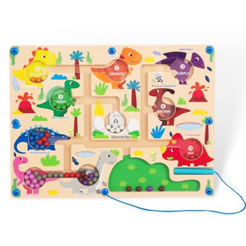 WOODENFUN Montessori Spielzeug magnetisches Spiel Perle Labyrinth Dinosaurier Magnetisches Spielzeug Farbe passend Lernen Zählen Puzzle Klassifikation Board 3 Jahre+