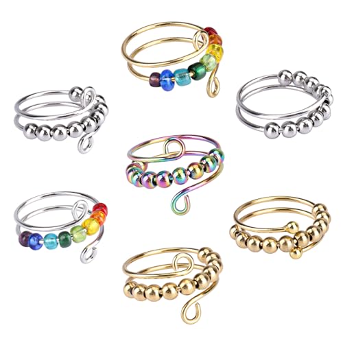 VIKY 7 Stück Verstellbare Anti Stress Ring, Anxiety Ring Set, Linderung von Ängsten und Bunte Antistress Ring, Angst Spinning mit Perlen,Offene Spinner Damen,Anxiety Stressringe für Mädchen und Frauen