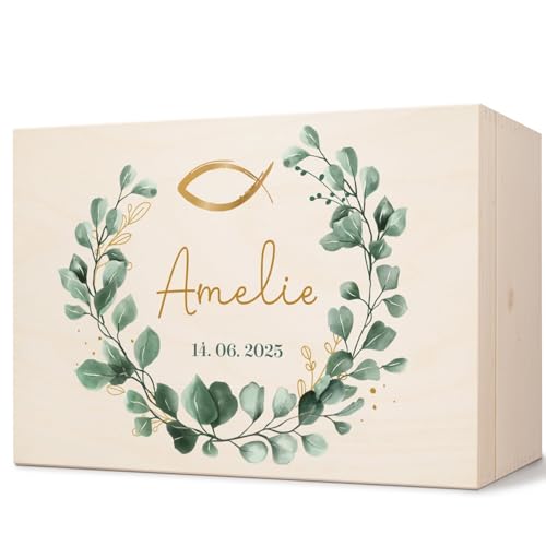 GRAVURZEILE Bedruckte Erinnerungskiste - Eukalyptus Kranz - Personalisiert mit Name & Datum - Erinnerungsbox für Mädchen & Jungen - Geschenk zur Kommunion, Konfirmation & Taufe - Erinnerungsbox